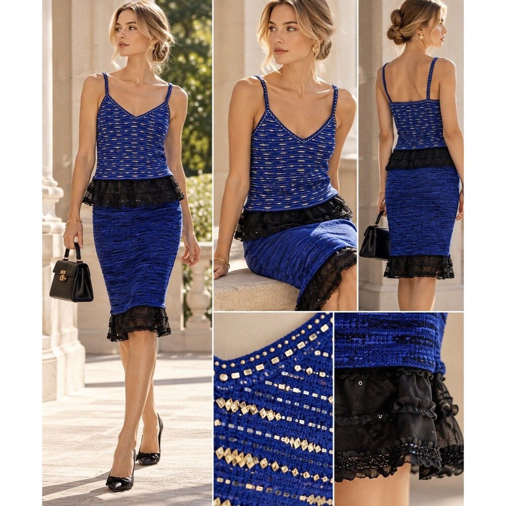 St John 2 Piece Blue Knit Tank Top Skirt Set 10 M Sequin Embellished Lace Ruffle